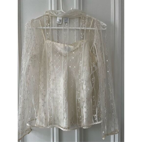 Talbots  sheer embroidered floral long sleeve cream button down and tank set/ wo - Picture 2 of 4